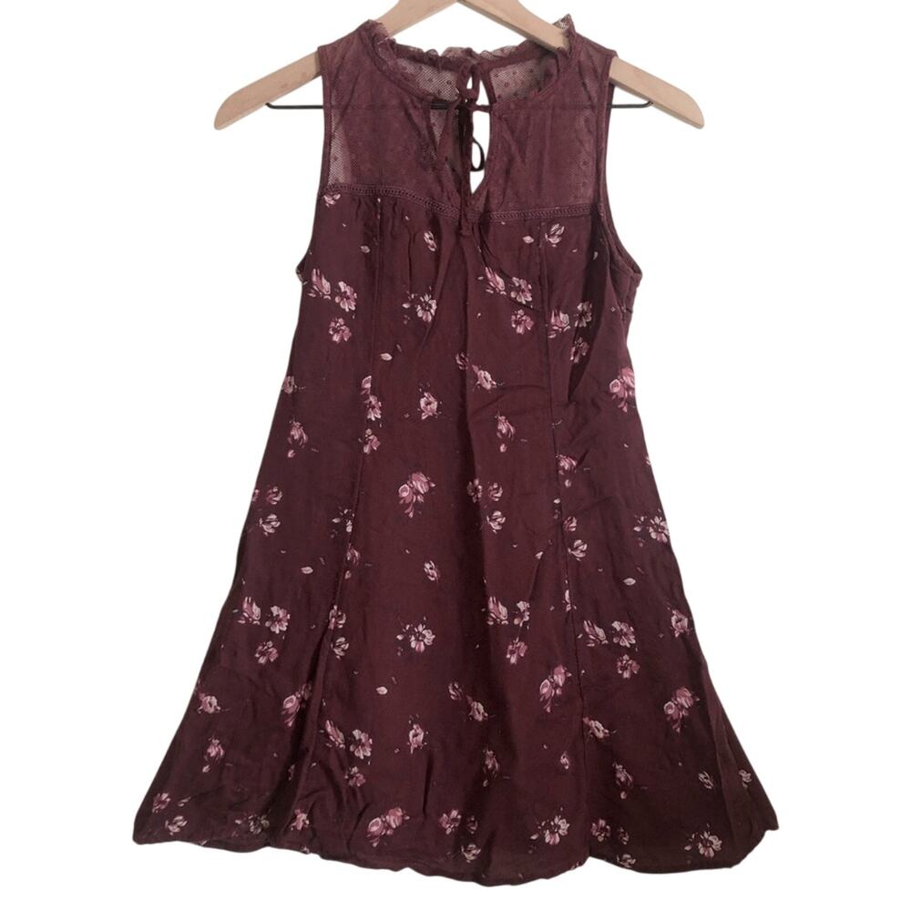 Hollister Red Fit and Flare Floral Lace Sheer High Neck Tie Mini Dress